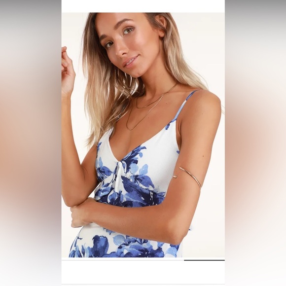 Island Time Blue and White Floral Print Ruffled Midi Dress by LULU's - Picture 4 of 16